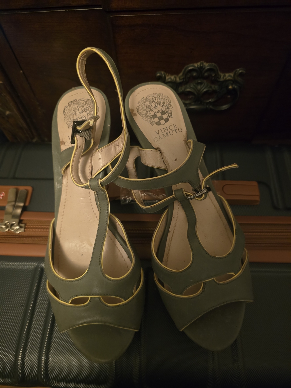 Vince Camuto Olive Slingback Heels with Gold Piping